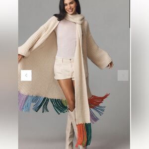 Anthropologie Colorful Fringe Scarf Cream Os NWT in packaging‎